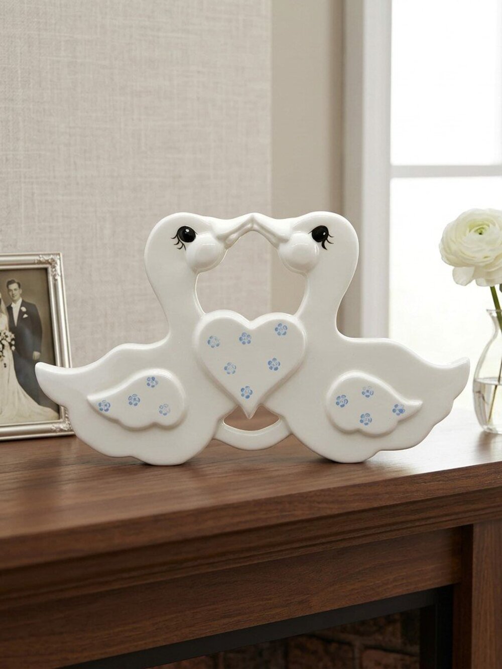 Vintage Swans Wall Plaque White and Blue Floral Hearts Figurine Knick Knacks